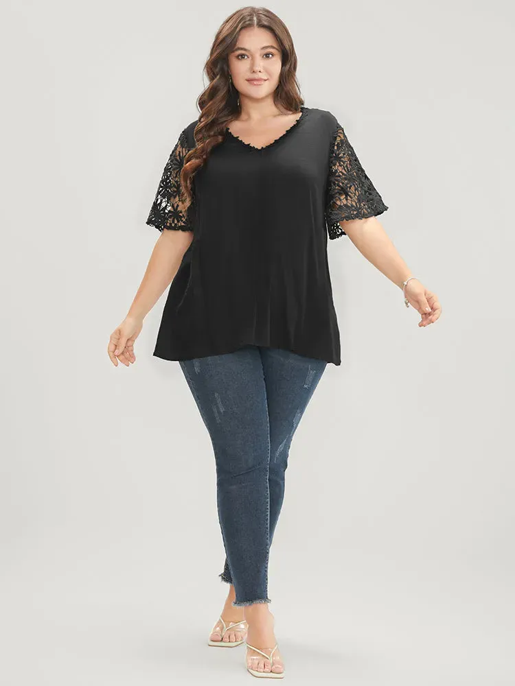 Plain V Neck Floral Patchwork Blouse