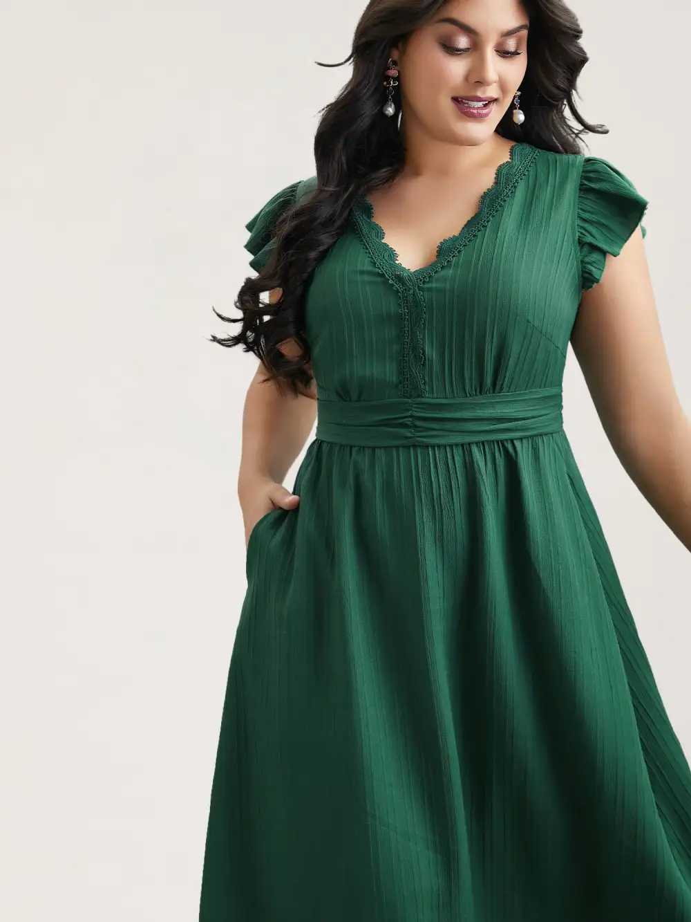 Lace Trim Stitch Textured Waist-Defined Midi Dress