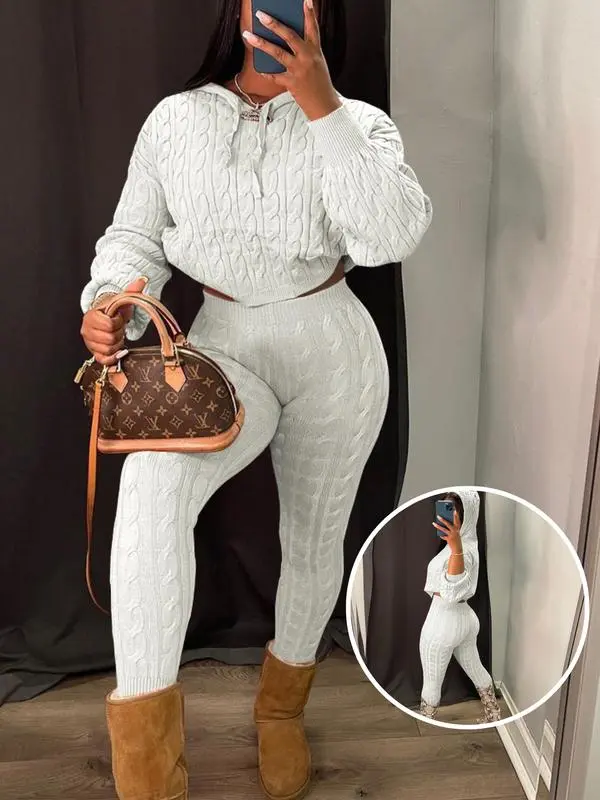 Two-piece Set Women's Solid Drop Shoulder Cable Knit Crop Sweater & High Waist Pants