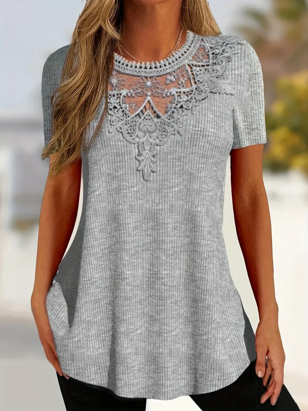 Vibrant Solid Color Crew Neck Contrast Lace Ribbed Top