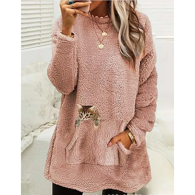 Women's Sweatshirt Pullover Fleece Sports Sherpa Fleece Teddy Front Pocket Light Blue Black Pink Cat Street Casual Round Neck Long Sleeve Top Micro-elastic Fall & Winter