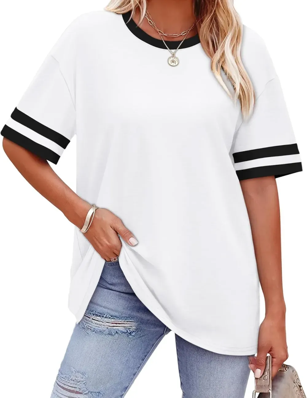 ✨ Women's Oversized Crew Neck Colorblock Striped Sleeve T-shirt