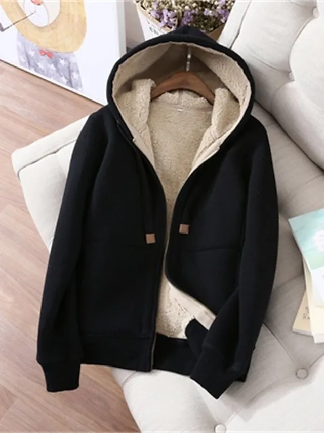 Women's Sweatshirt Tracksuit Pants Sets Black Red Blue Solid Color Zipper Drawstring Long Sleeve Sport Vacation Streetwear Sherpa Fleece Teddy Hooded Regular Fit Fall & Winter