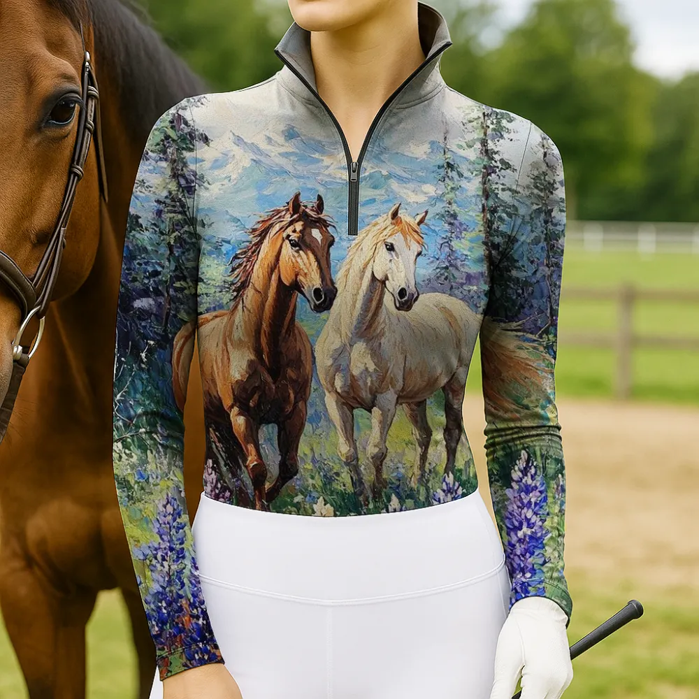 Women's Horses Design Equestrian Long Sleeve Casual Shirt