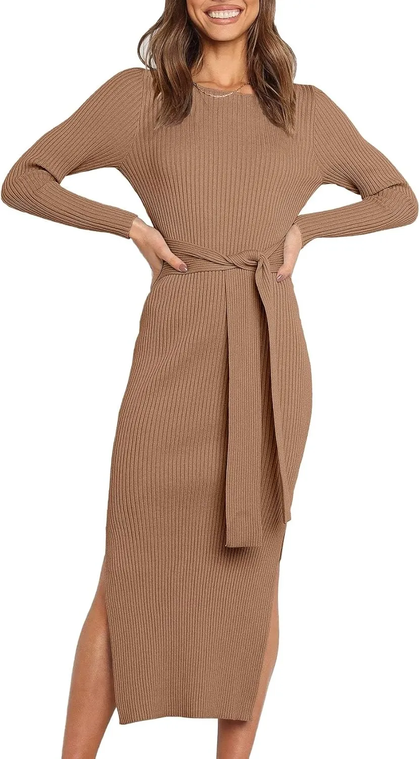 Long Sleeve Sweater Dress Crew Neck Slim Fit Slit Tie Waist 2024 Ribbed Knit Bodycon Midi Dress Fall Outfits
