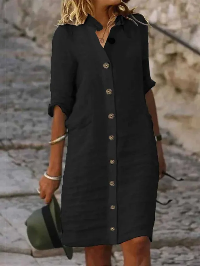 Women's Cotton Linen button down Sundress Midi Dress 3/4 Sleeve Casual Loose Fit Summer Beach Black White Green