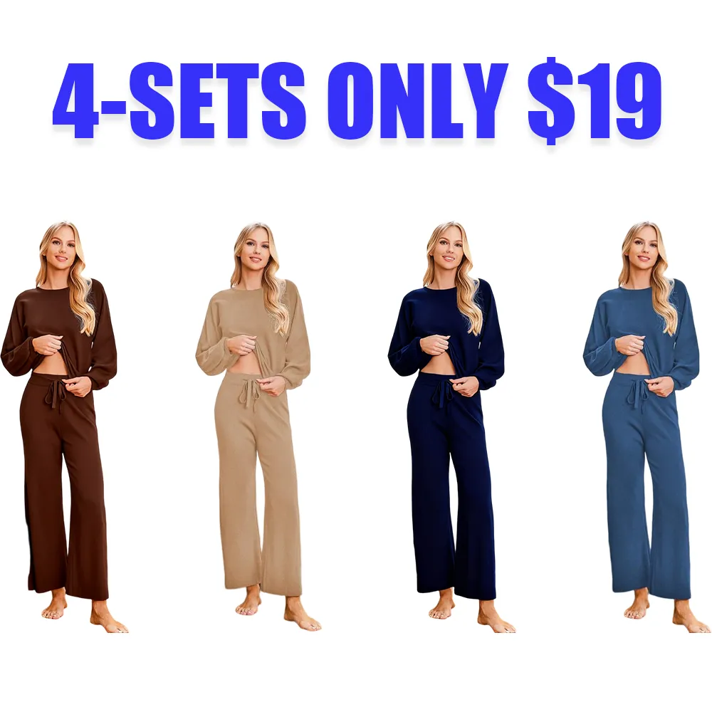 Womens Fall Winter Casual Solid Knitted 2 Piece Sets Long Sleeve Hoodie