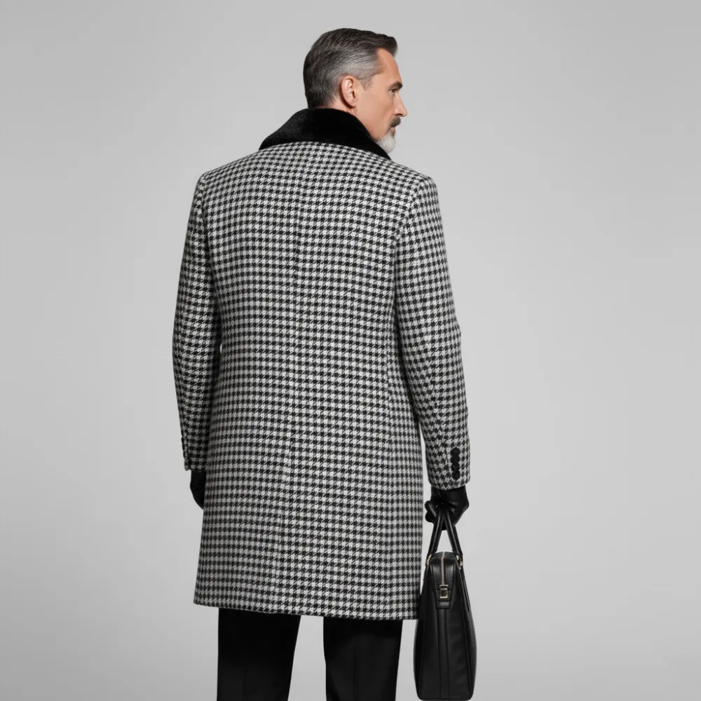 Men's Black Furry Collar Double Breasted Long Sleeve Houndstooth Pattern Mid-Length Overcoat