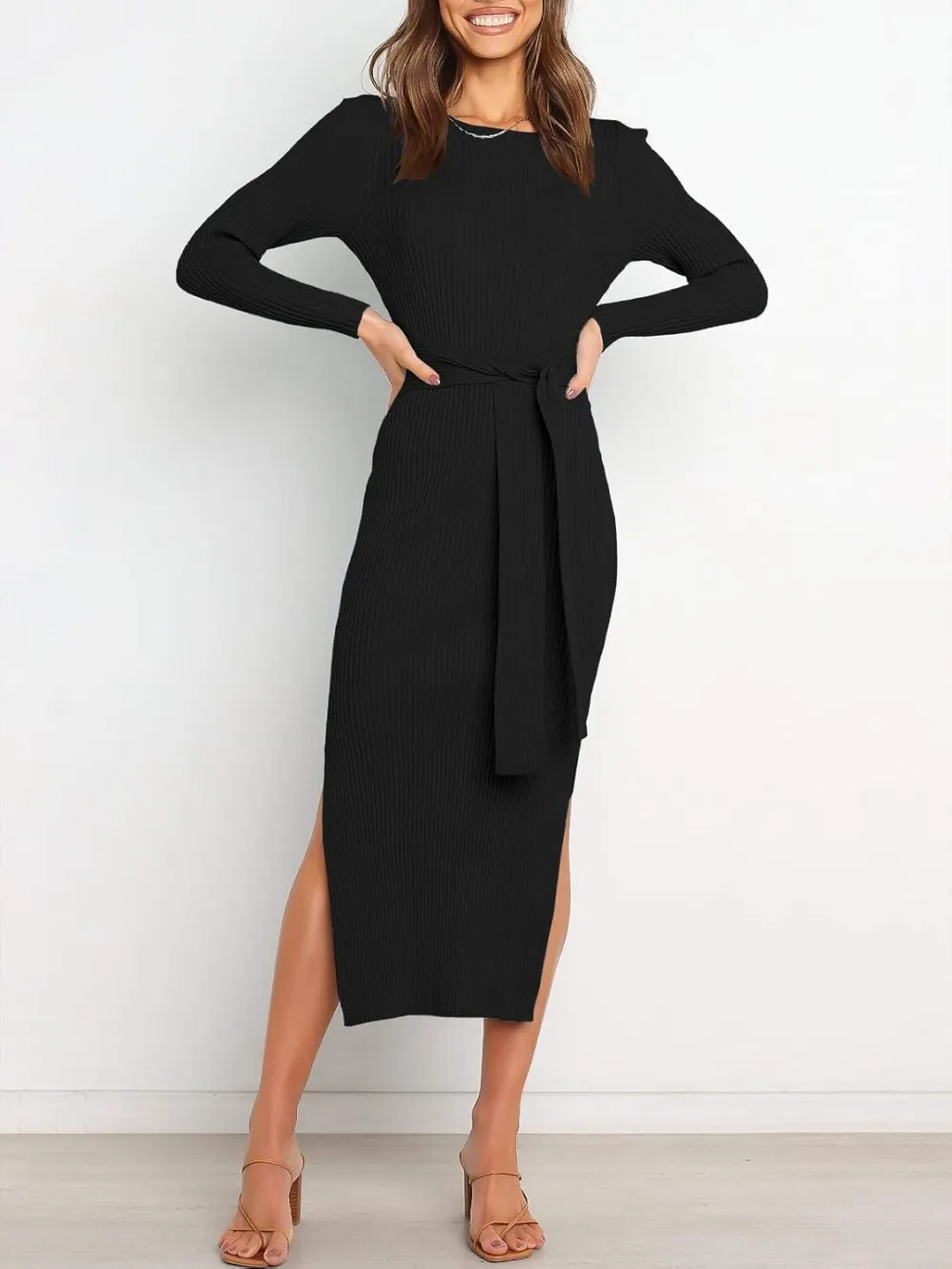 Long Sleeve Sweater Dress Crew Neck Slim Fit Slit Tie Waist 2024 Ribbed Knit Bodycon Midi Dress Fall Outfits