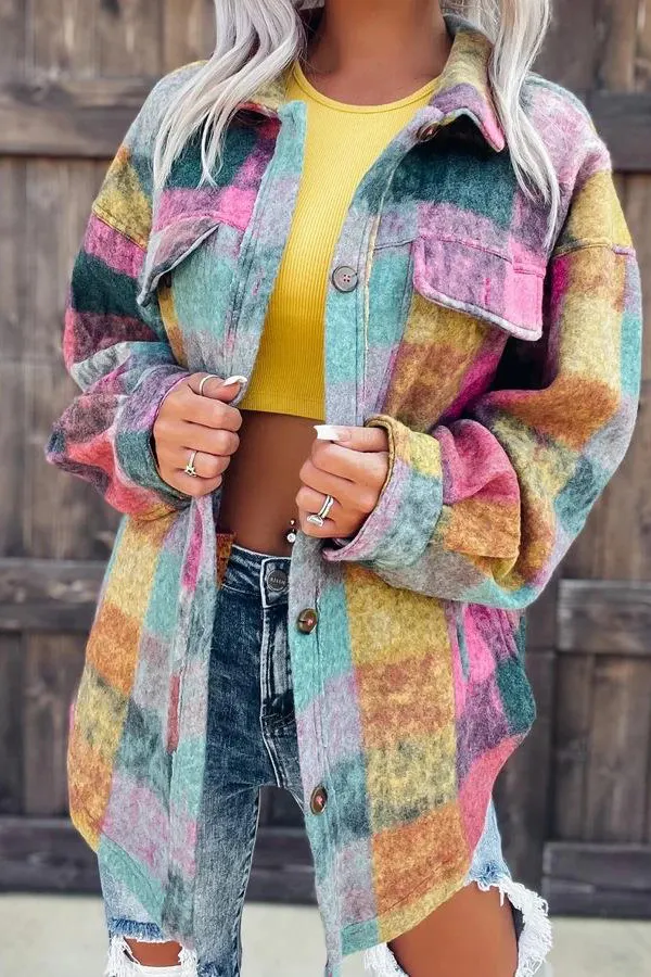 Colorful Checkerboard Pattern Lapel Coat