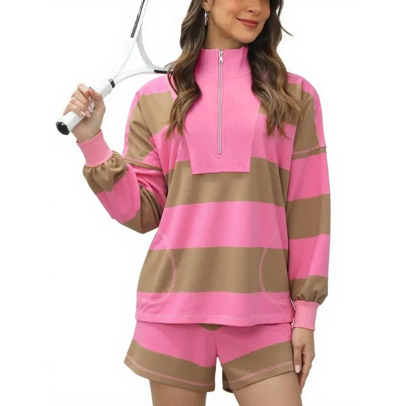 Women’s Striped Oversized Fleece Pullover – Cozy 1/4 Button Sweatshirt