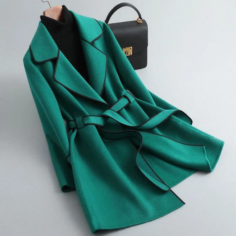 Contrasted trims front tie lapel coat