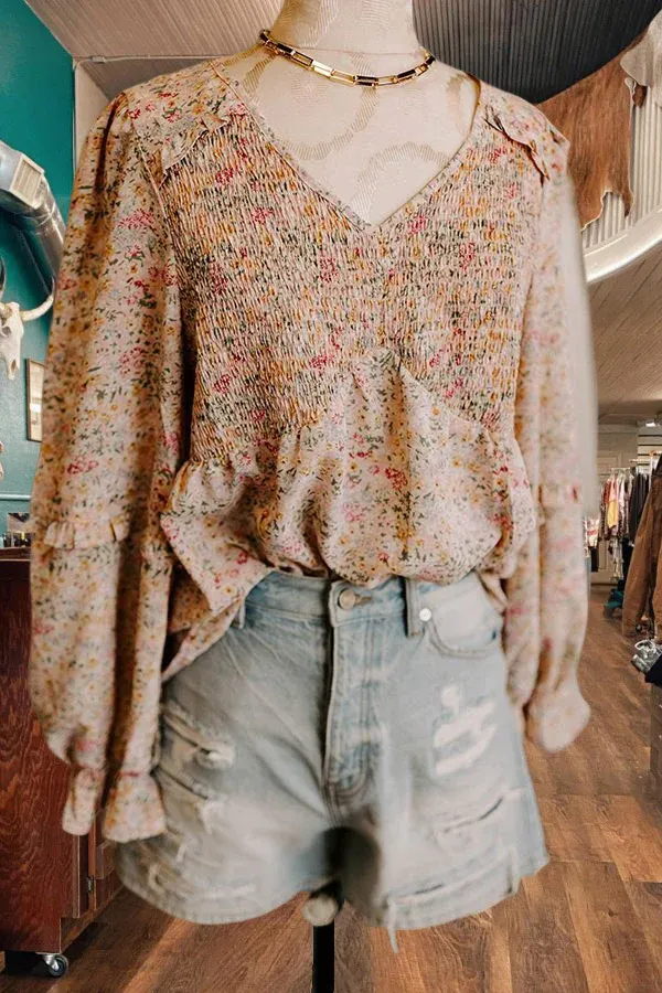 Floral Print Smocked Ruffled V-Neck Blouse