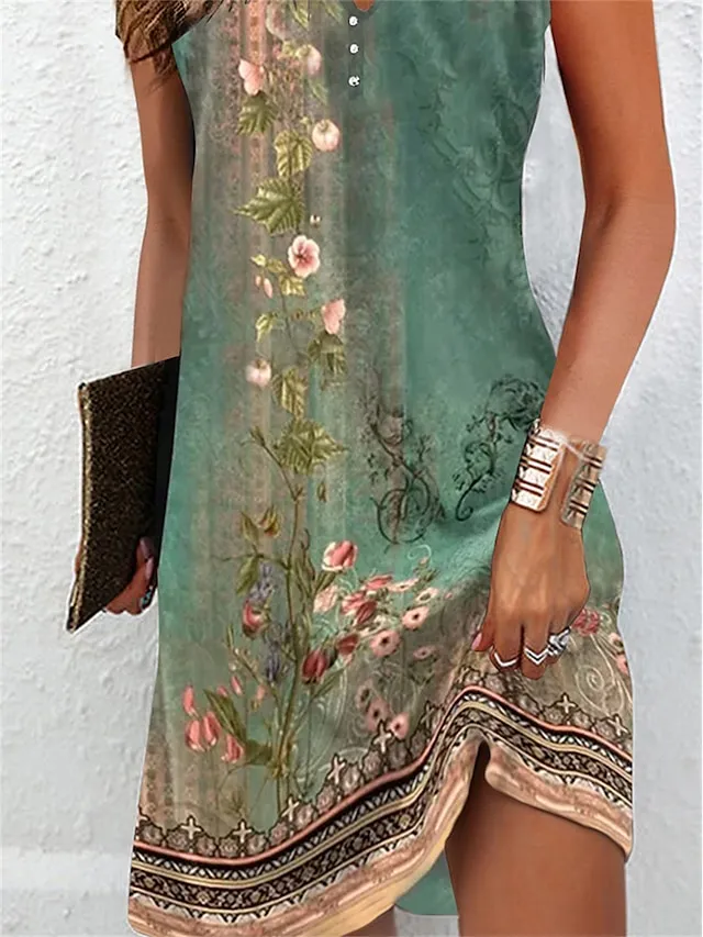 Women's Casual Dress Shift Dress Tank Dress Floral Button Print V Neck Mini Dress