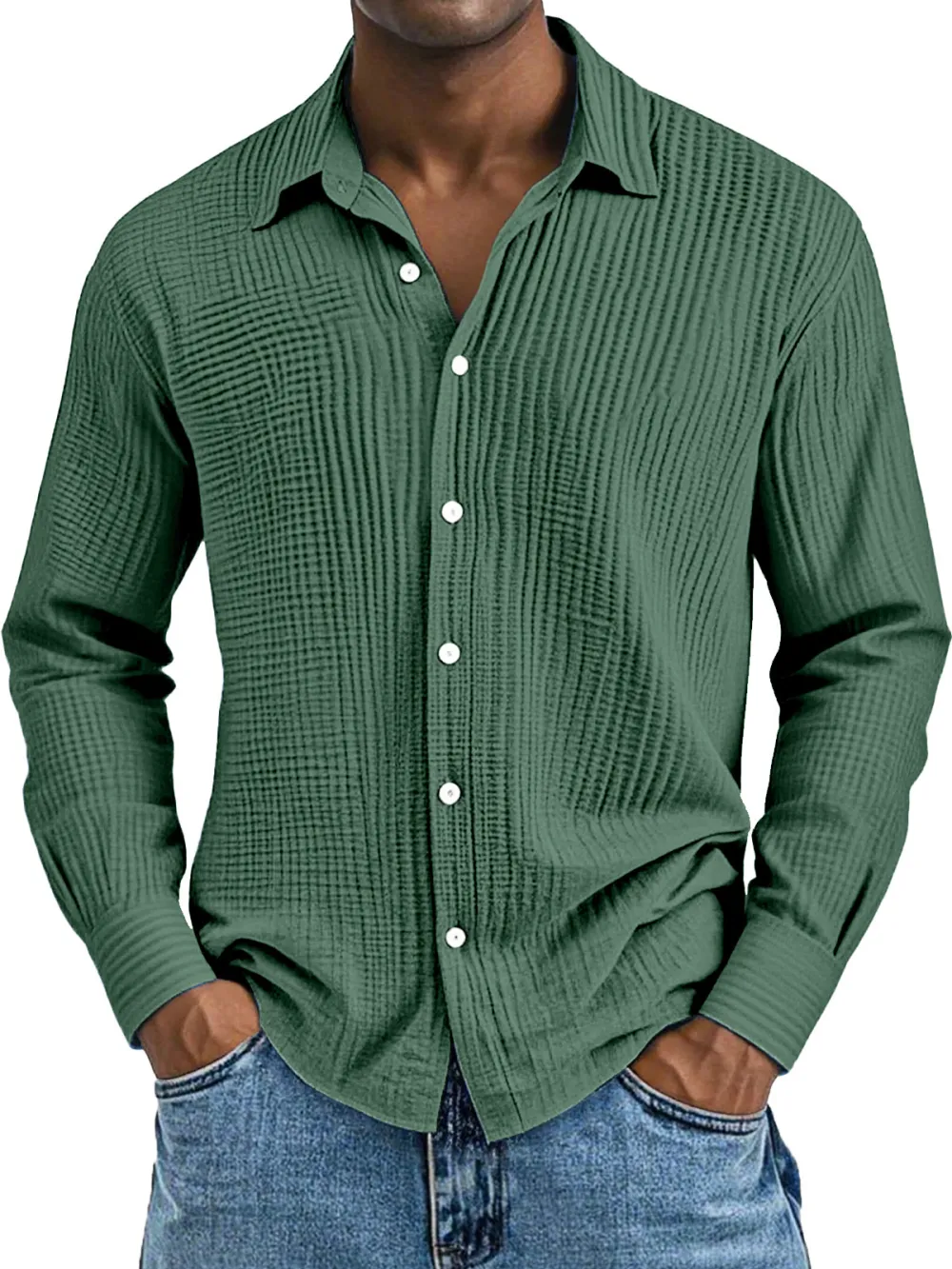 Men's Daily Casual Solid Color Pure Cotton Pleated Texture Long-sleeved Shirt