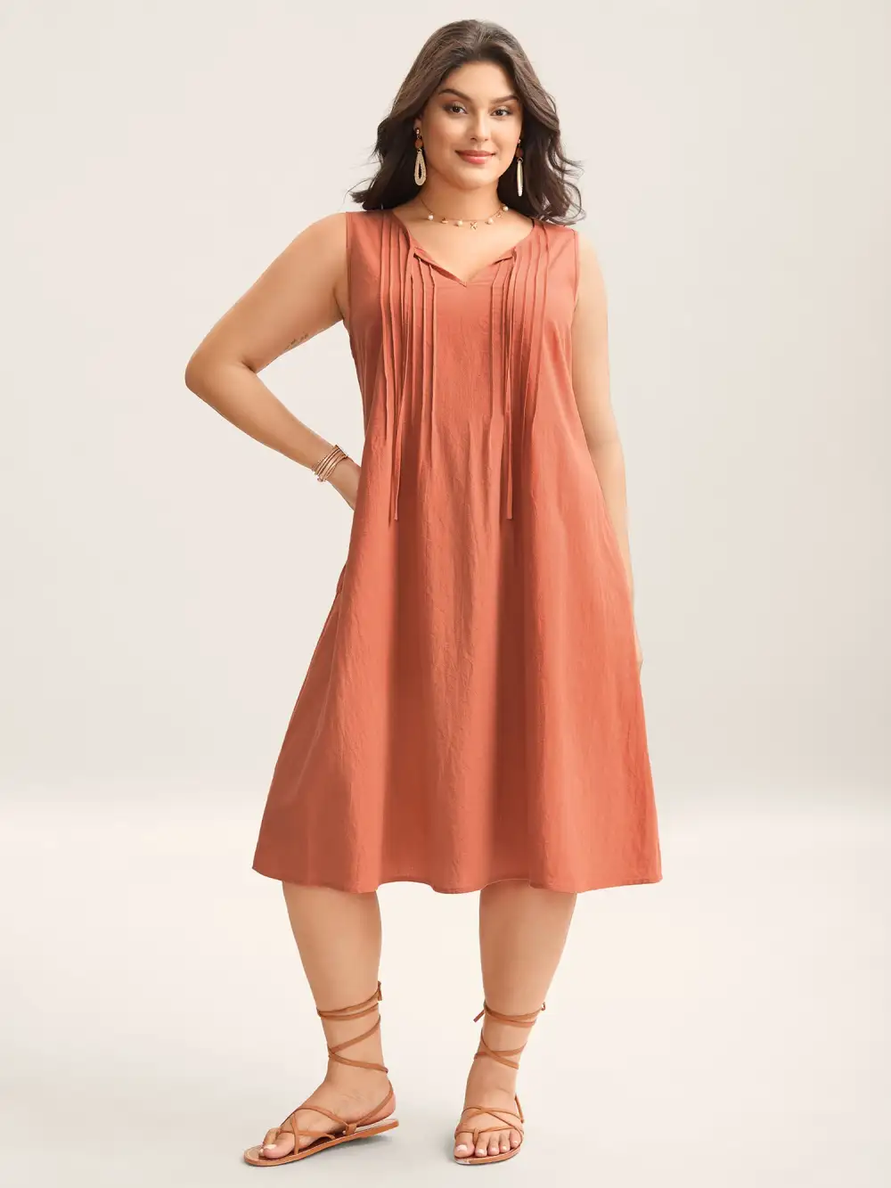 Cotton Toothpick Pleat Plain Midi Dress