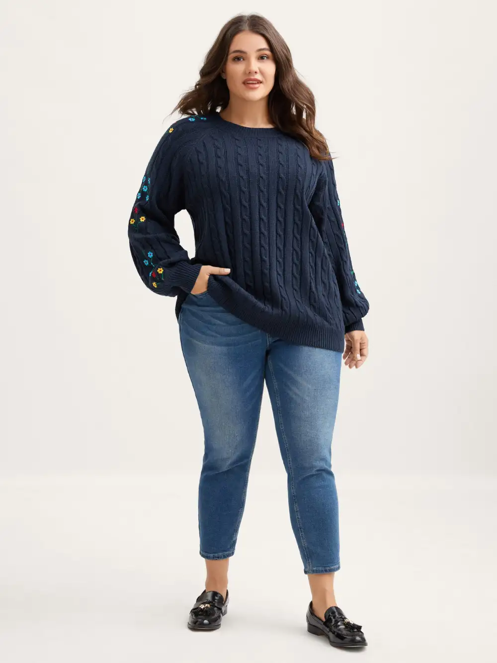 Cable Knit Embroidered Raglan Sleeve Pullover