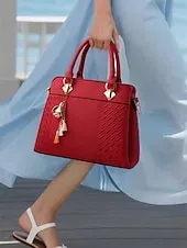 Women's Faux Leather Handbag with Tassel Charm and Textured Panels – Elegant Structured Shoulder Tote Bag for Office Work and Business Travel