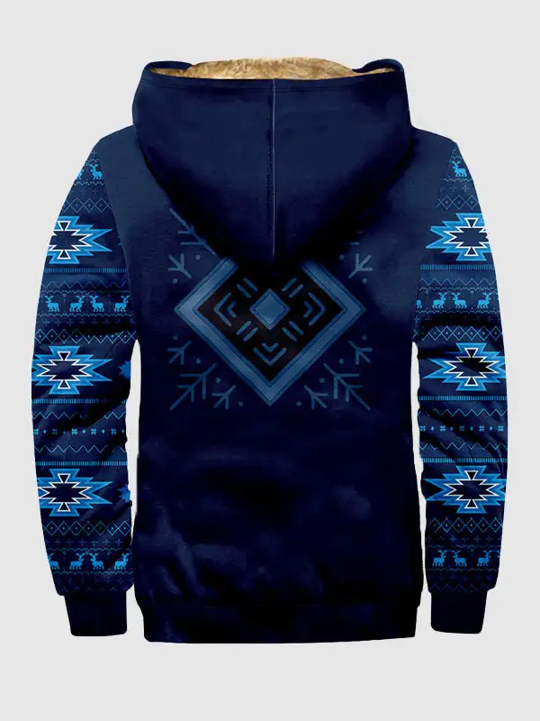 Men's Retro Ethnic Zip Printed Fleece Hoodie Jacket