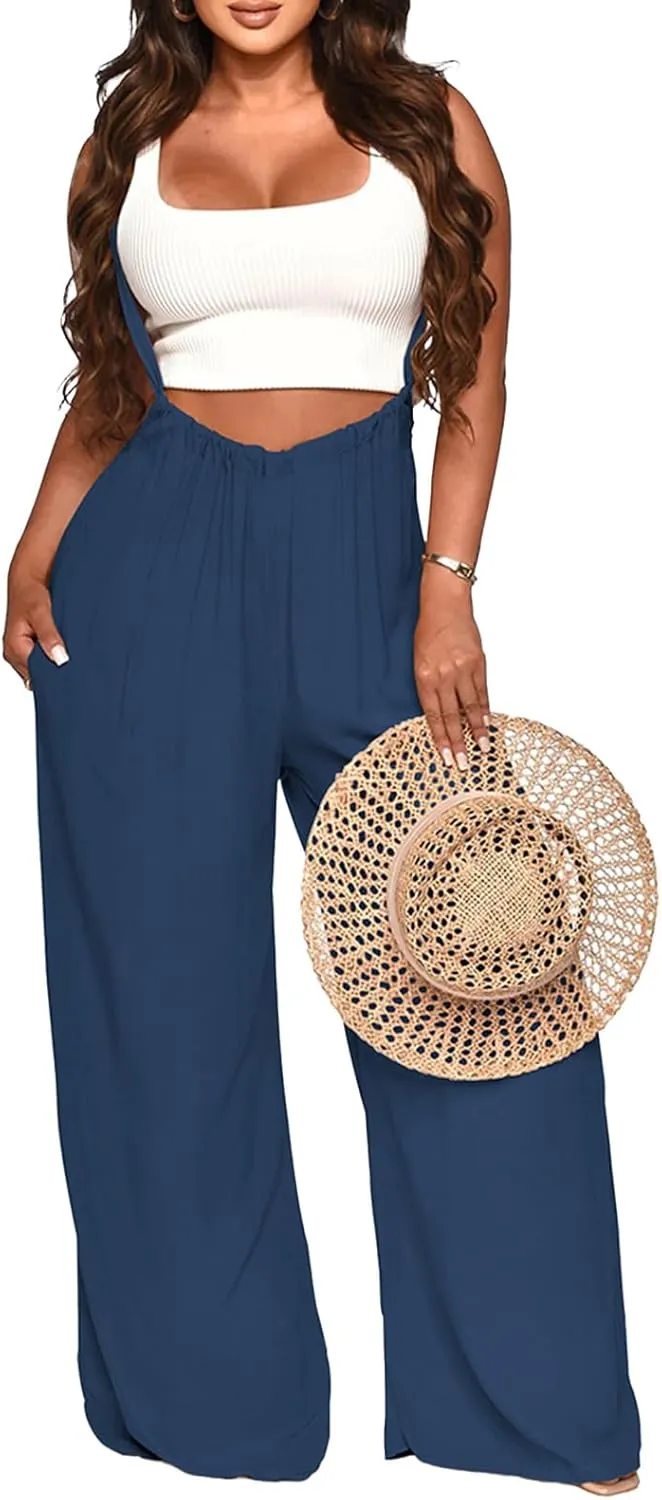 Womens Jumpsuit Casual Loose Sleeveless Adjustable Spaghetti Straps Wide Leg Pants Baggy Overalls With Pockets