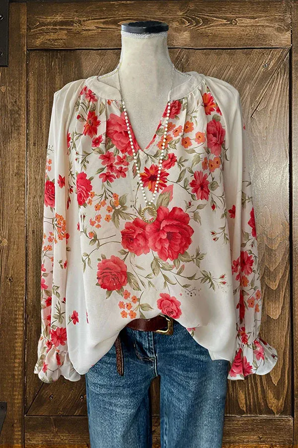 Floral Print Flared V-Neck Blouse