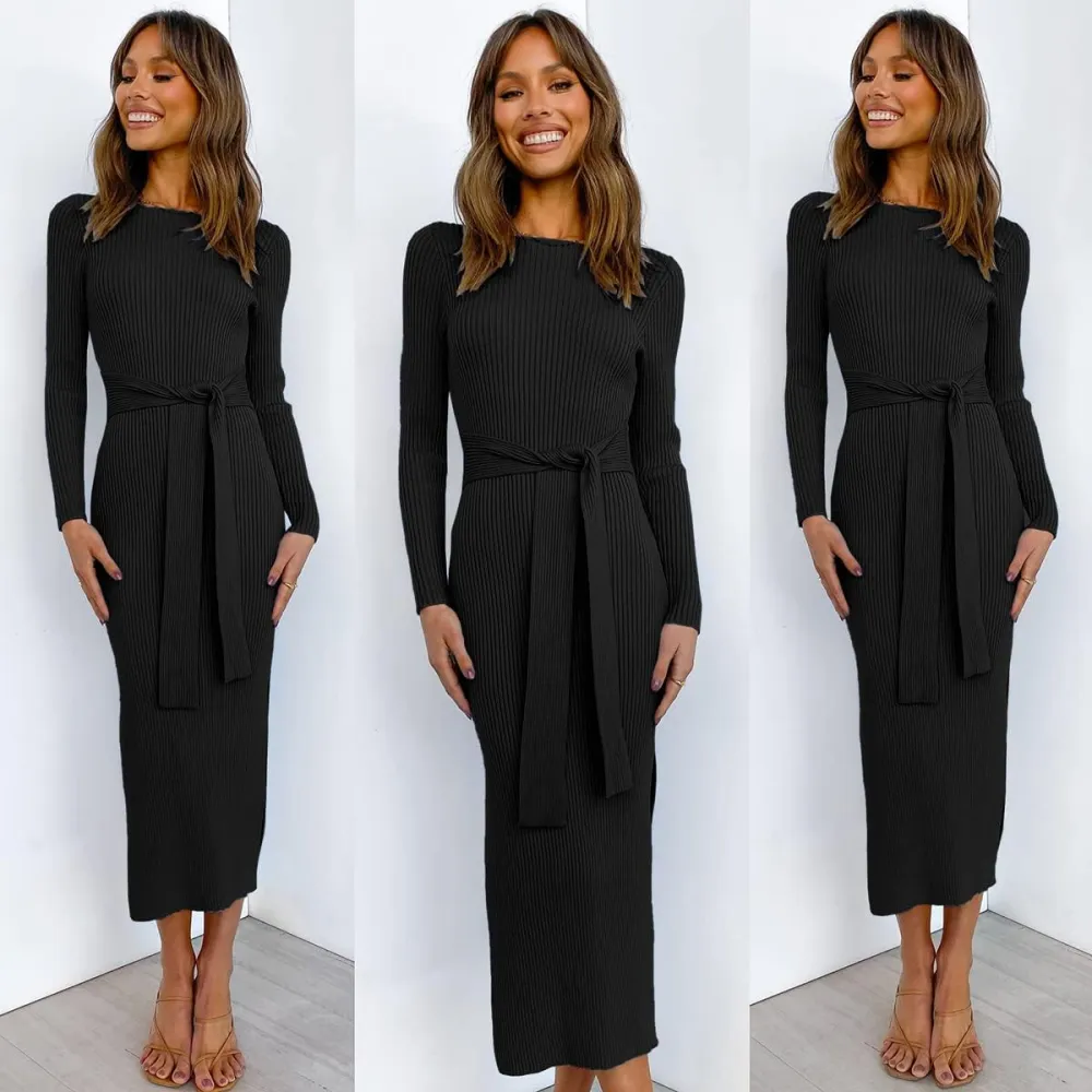 Long Sleeve Sweater Dress Crew Neck Slim Fit Slit Tie Waist 2024 Ribbed Knit Bodycon Midi Dress Fall Outfits