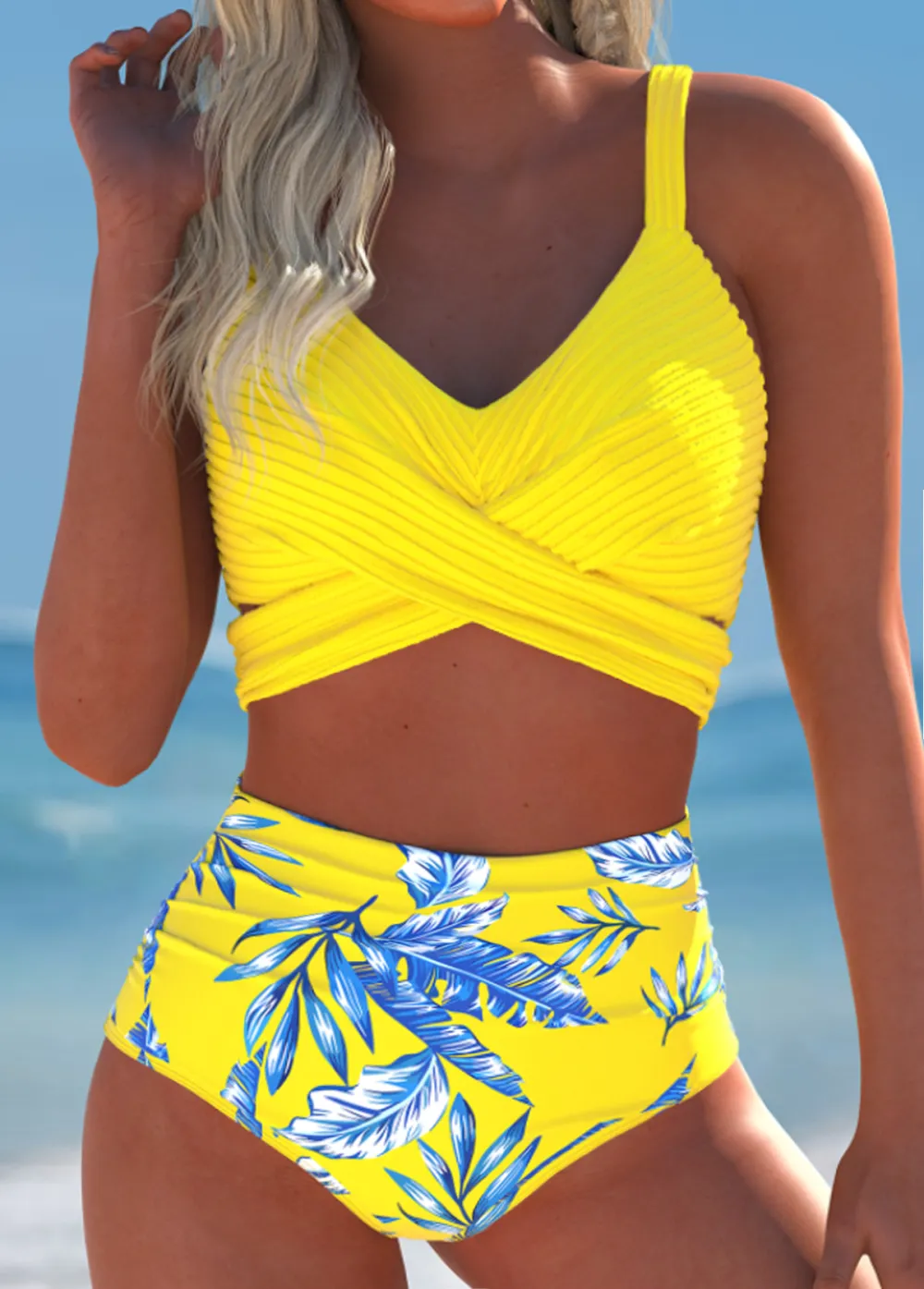 Surplice Yellow Tropical Plants Print Bikini Set