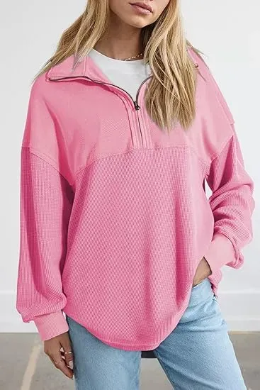 Oversized Waffle Knit Half Zip Pullover Soft Polyester Blend Long Sleeve Sweatshirt
