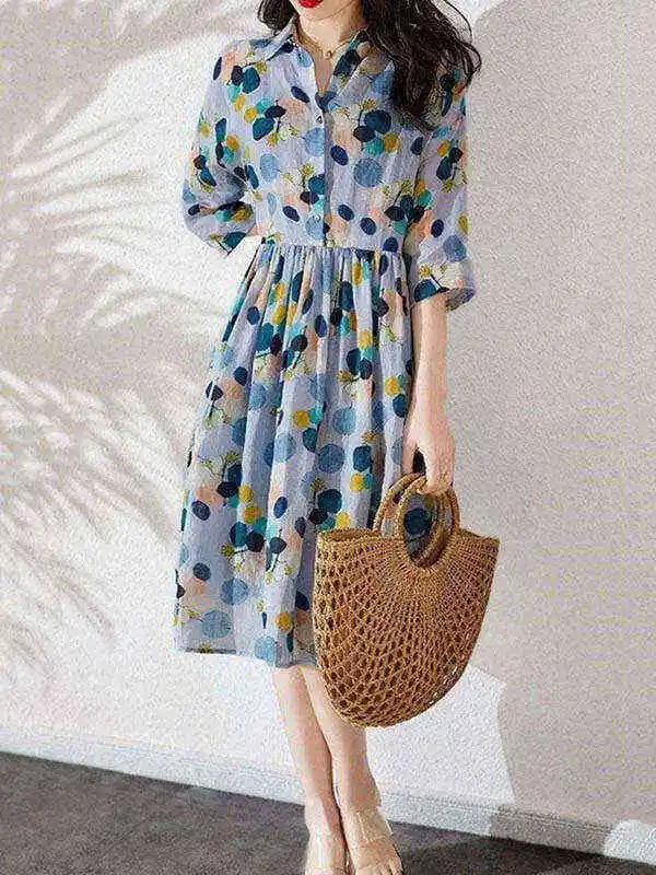 Original Polka-Dot Lapel Short Sleeves A-Line Midi Dress