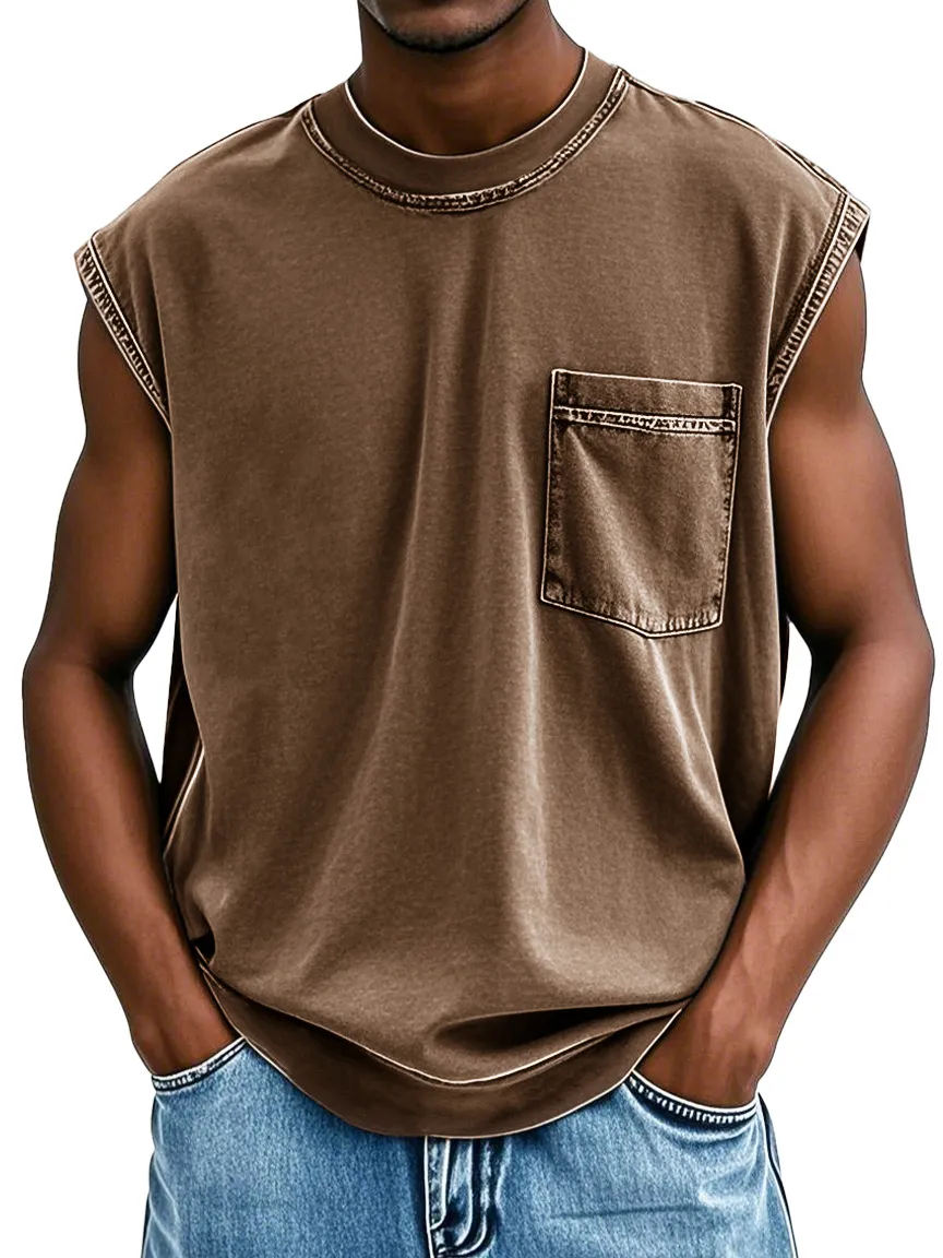 Men's Stylish Retro Distressed Short-sleeved Pocket Sleeveless T-shirt 