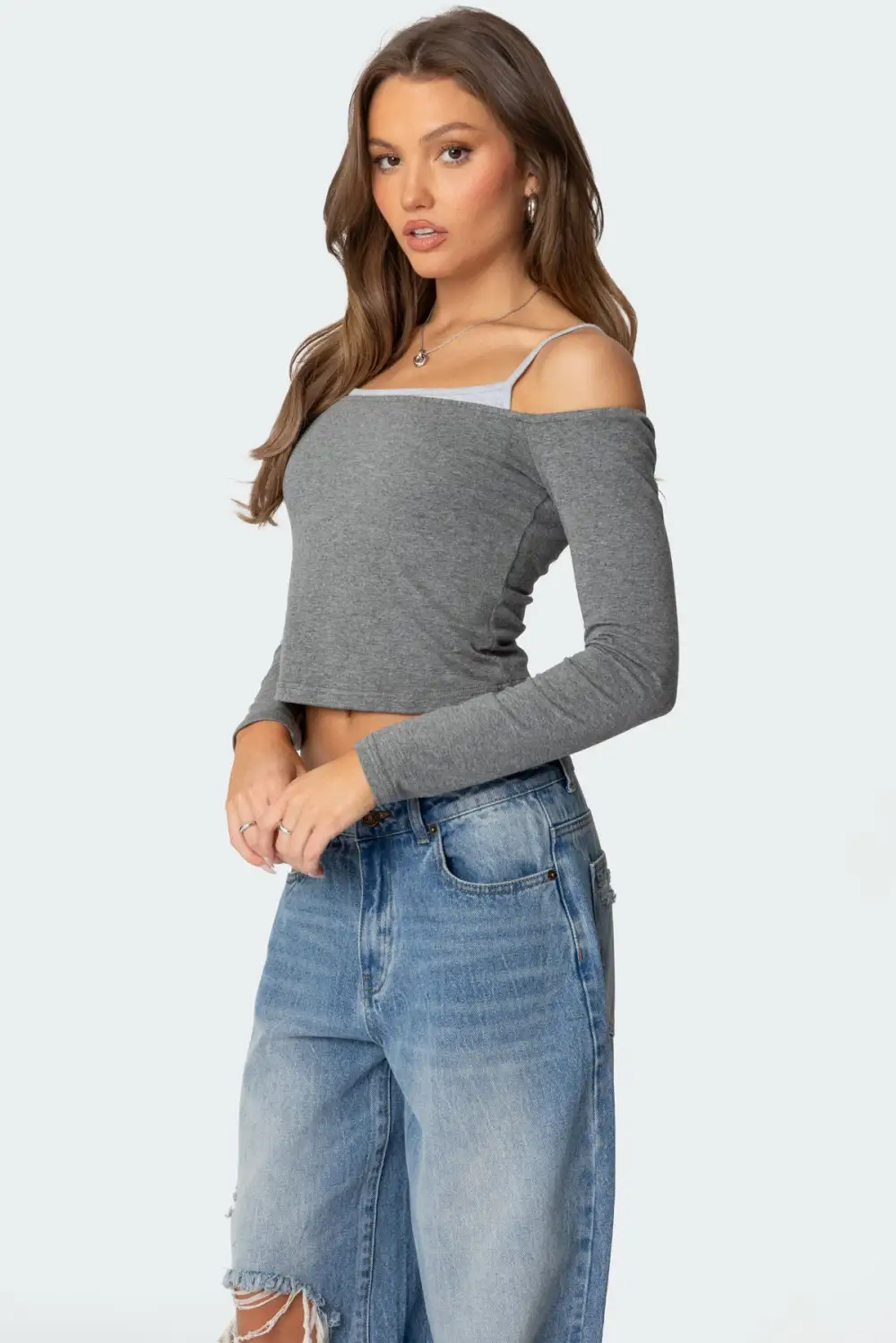 Off Shoulder Layered Long Sleeve T Shirt