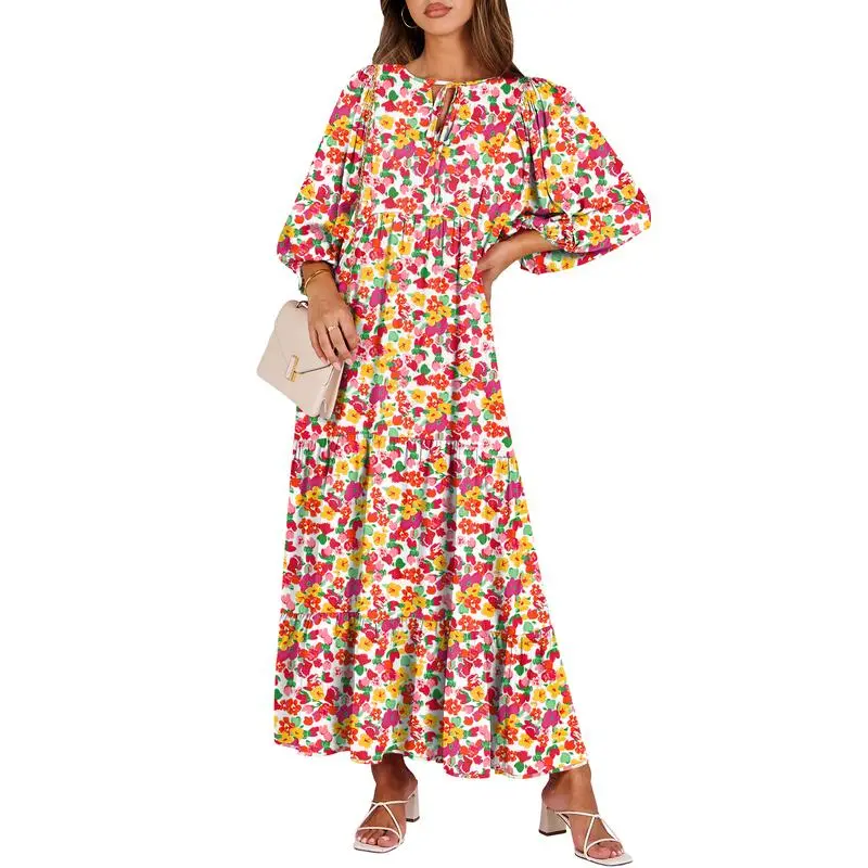 Boho Summer Maxi Dress for Women – Floral Puff Sleeve Vacation Sundress
