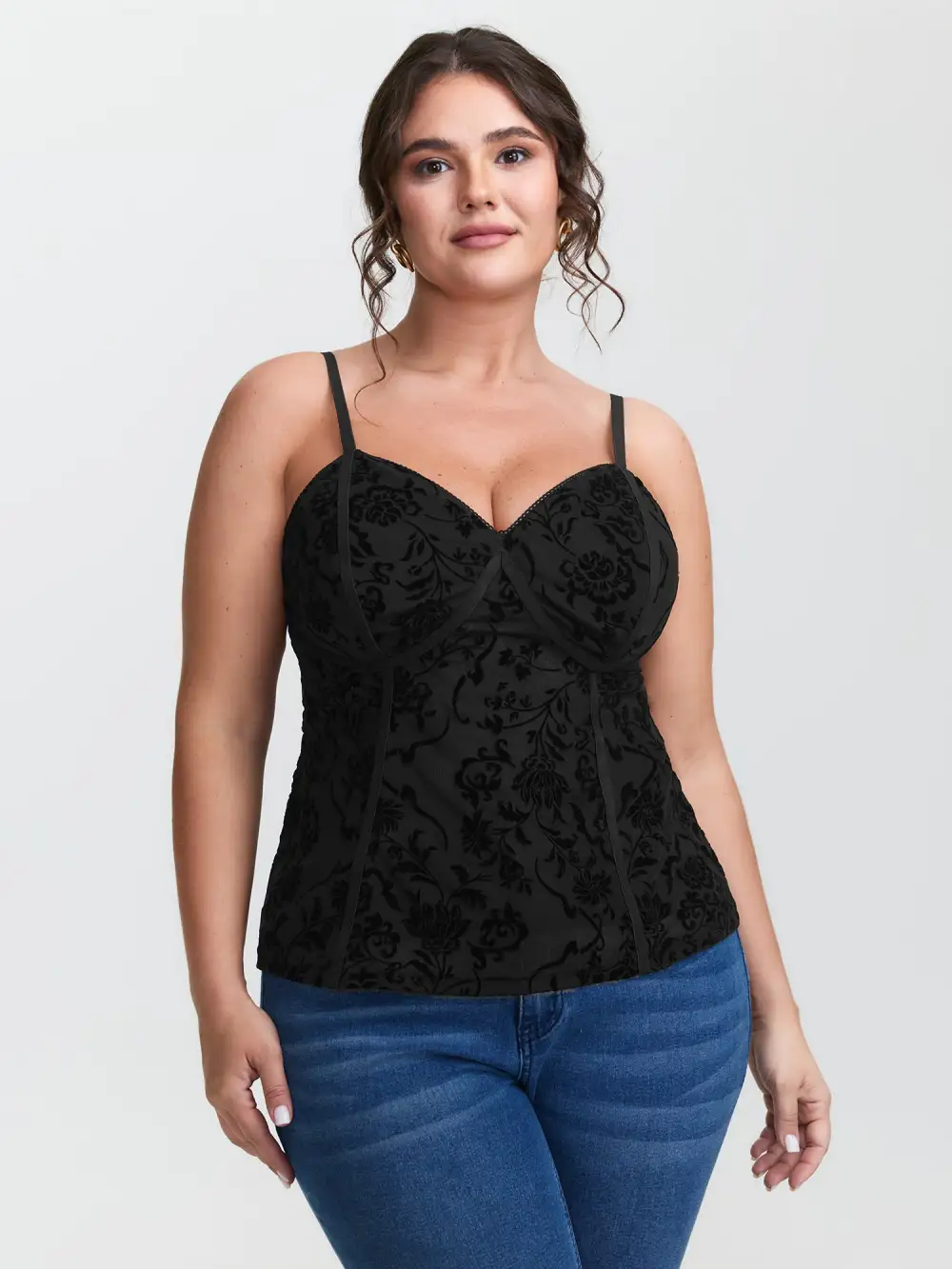 Flocked Floral Stretchy Mesh Lace Tank Top