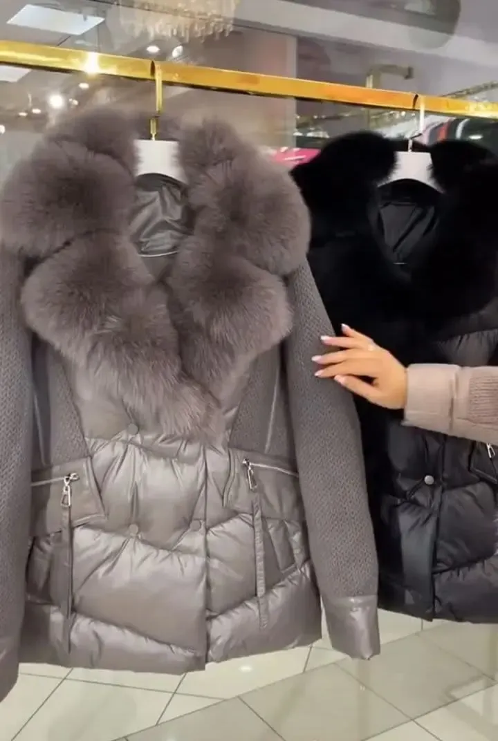 Down Jacket with Fur - trimmed Hood and Knitted Sleeves