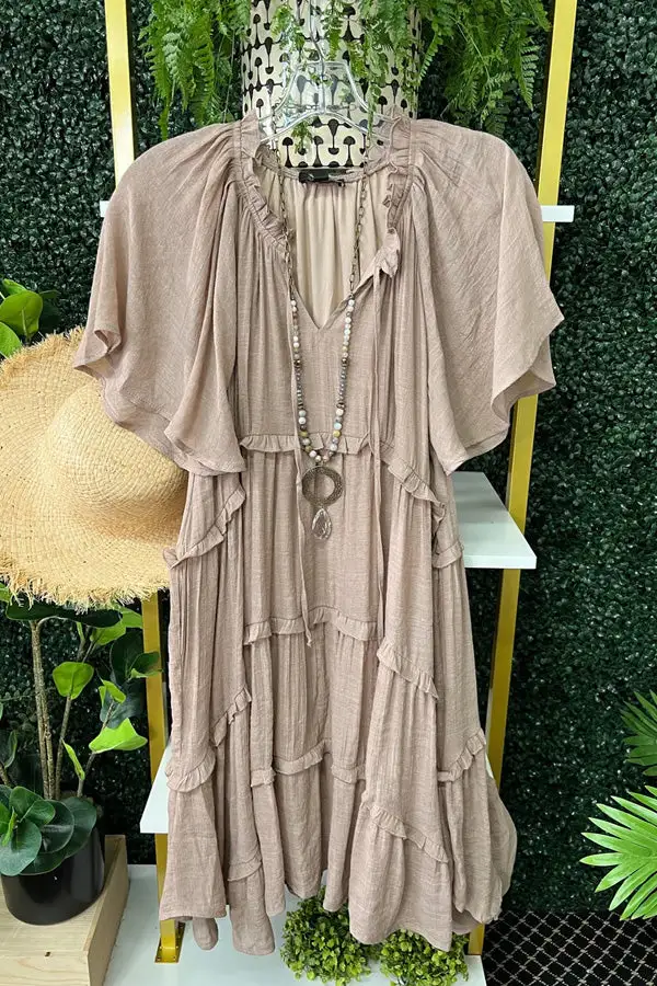 Solid Ruffled Sleeve Pleated V-Neck Dress