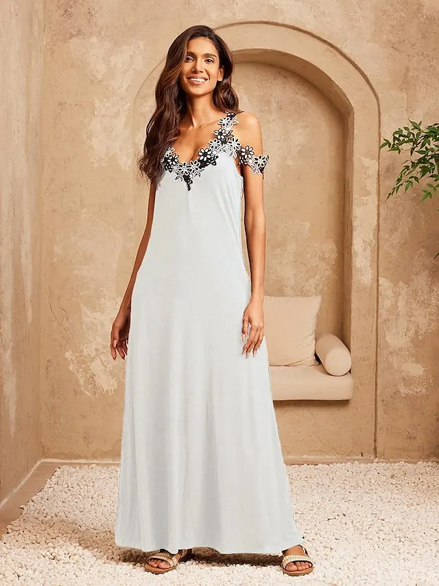 Women's Black Dress Modal A Line Midi Dress Lace Patchwork Strap Cold Shoulder Contrast Sleeveless Daily Vacation Summer Spring