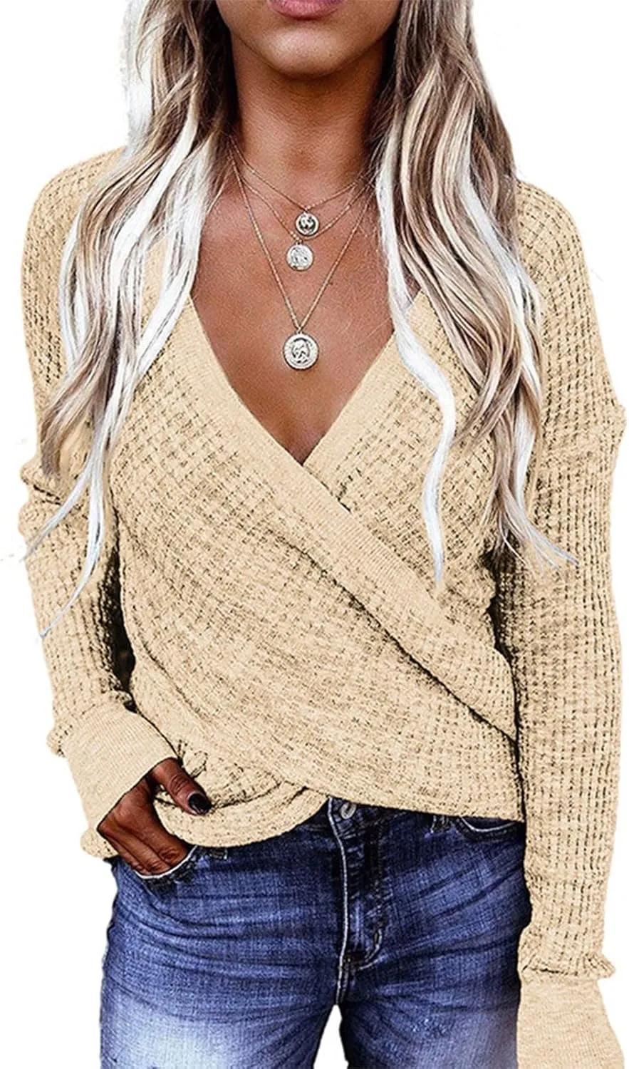 Women's Fall Sweater 2023 Wrap Sweaters Long Sleeve Knitted Asymmetric Hem Pullover Solid Color Tops Sweater