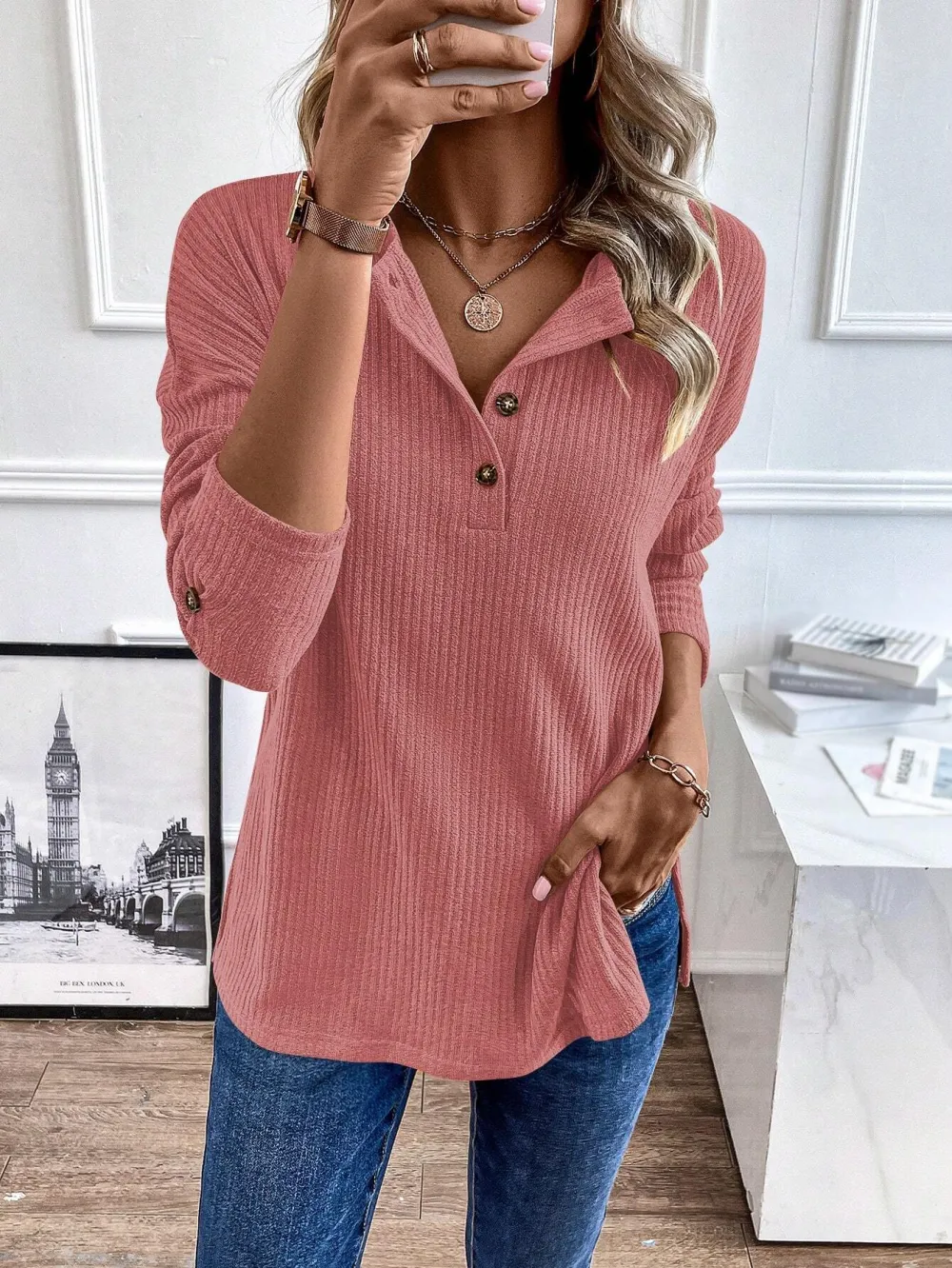 Women's Half Button Long Sleeve Tee Drop Shoulder Rib Knit T Shirt Tops