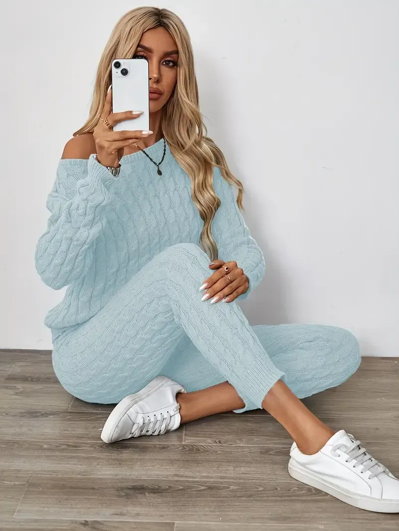 Solid Knitted Matching Two-piece Set, Casual Long Sleeve Sweater & Pants Outfits, Women's Clothing