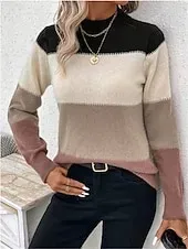 Women's Sweater Pullover Sweater Jumper Casual Soft Striped Ribbed Crew Neck Knitted Long Sleeve Regular Tops Knit Outdoor Daily Weekend Camel Apricot Fall Winter