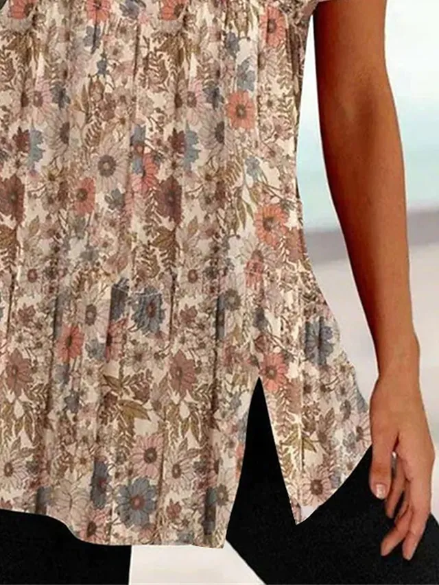 Women's T shirt Tee Black White Pink Floral Striped Print Short Sleeve Casual Holiday Tunic Basic Square Neck Regular Floral Plus Size L