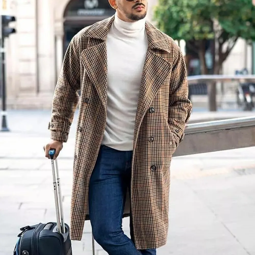 Men's Fashion Plaid Lapel Coat Mid Length Coat