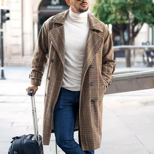 Men's Fashion Plaid Lapel Coat Mid Length Coat