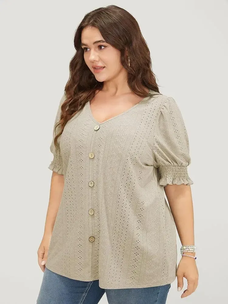 Plain Broderie Anglaise Shirred Puff Sleeve Button Detail T-shirt