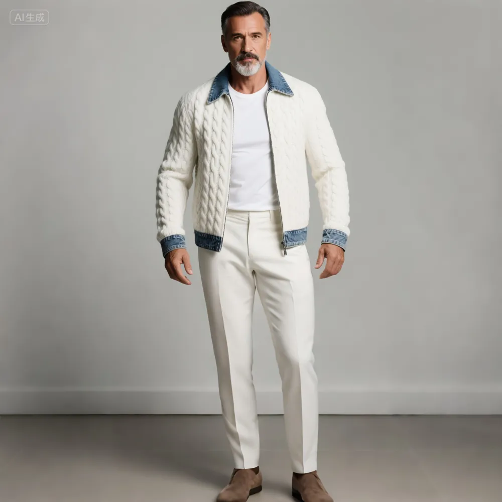 Men's Denim Trim Shirt Collar Long Sleeve Cable Knit Zipper Jacket