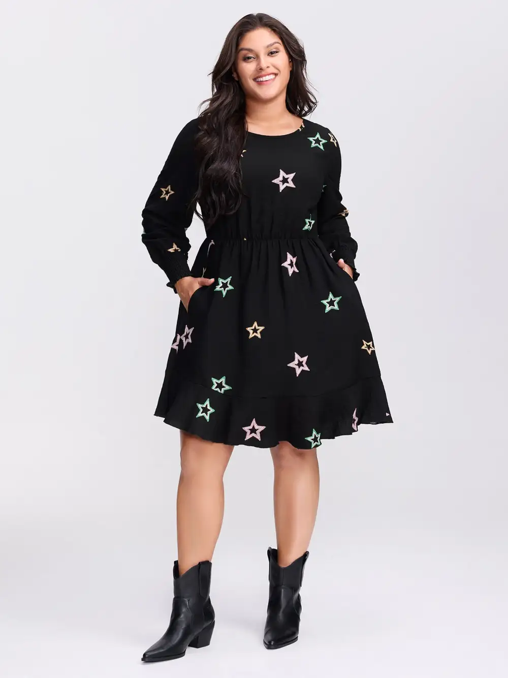 Star Embroidery Shirred Cuffs Pockets Knee-Length Dress