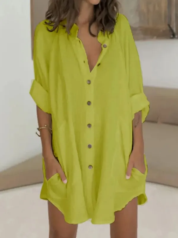 Women's Shirt Dress Casual Dress Mini Dress White Green Long Sleeve Pure Color Button Fall Spring Summer Shirt Collar Basic Daily Fall Dress Loose Fit 2023 M L XL 2XL 3XL
