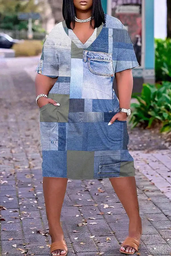 Denim Print Casual V Neck Midi Dress