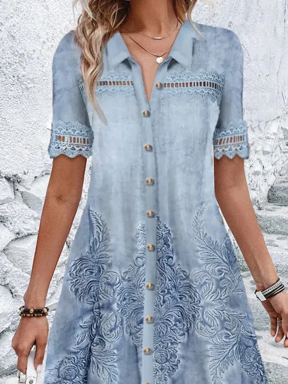Women Ethnic Shirt Collar Short Sleeve Comfy Casual Lace Short Dress