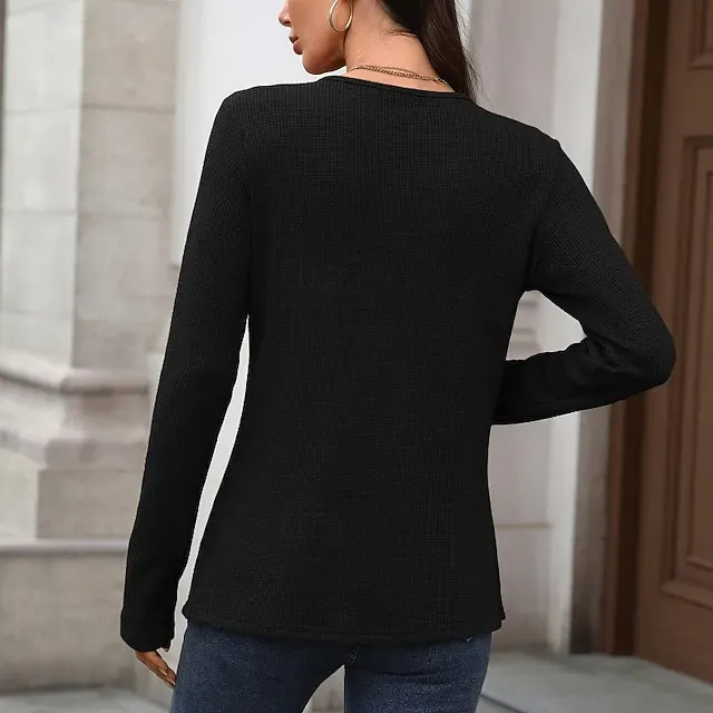 Women's Texture Blouse T Shirt Plain Casual Long Sleeve V Neck Regular Tops Daily Going out Buttons Black Dusty Blue Fuchsia Brown Beige Fall